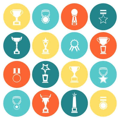 Trophy icons flat set of competition rewards winner prizes isolated vector illustration