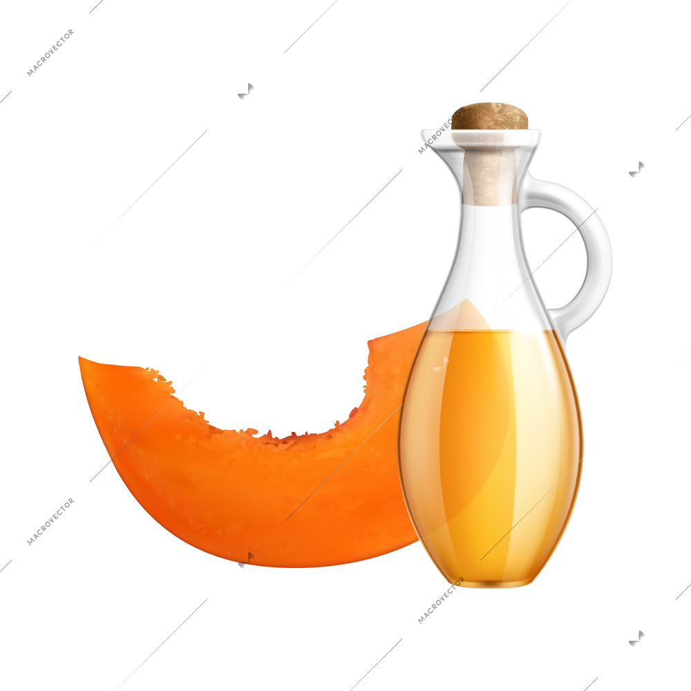 Food oil realistic icon with pumpkin slice and glass jar vector illustration