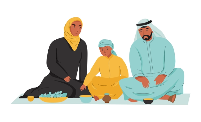 Flat arab family having meal vector illustration