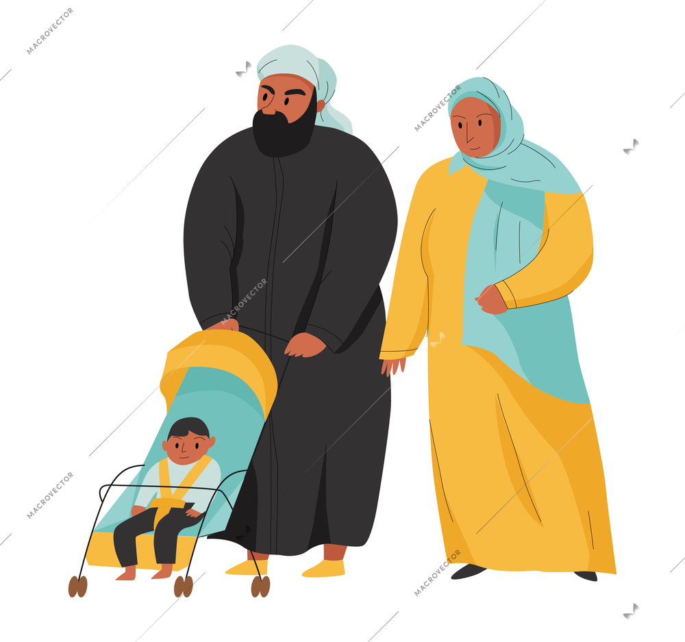 Arab family walking with son in baby carriage flat vector illustration