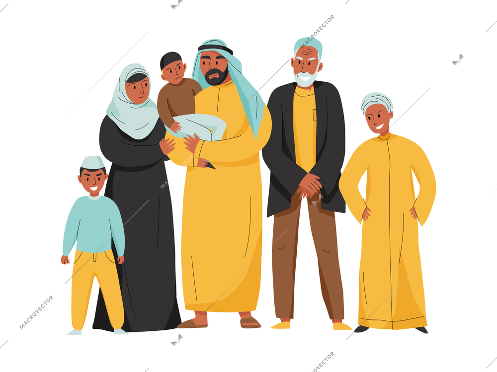 Flat arab family with grandparents parents children vector illustration