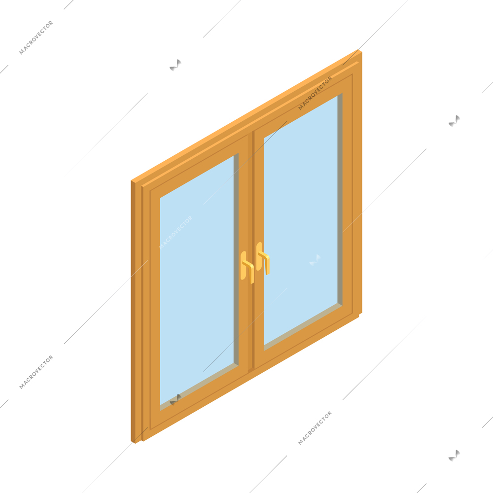 Isometric two fold window with wooden frame on white background 3d vector illustration