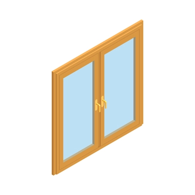 Isometric two fold window with wooden frame on white background 3d vector illustration