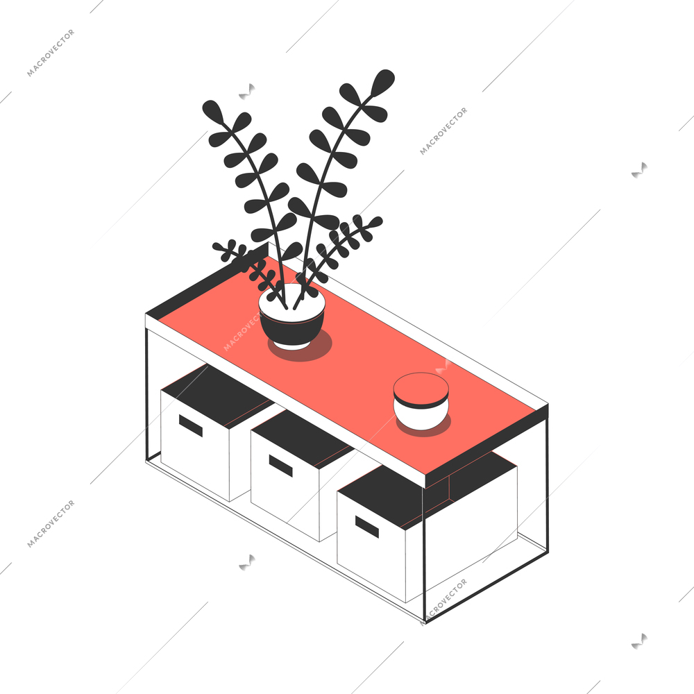 Isometric cabinet with three storage boxes house plant and jar for living room interior 3d vector illustration