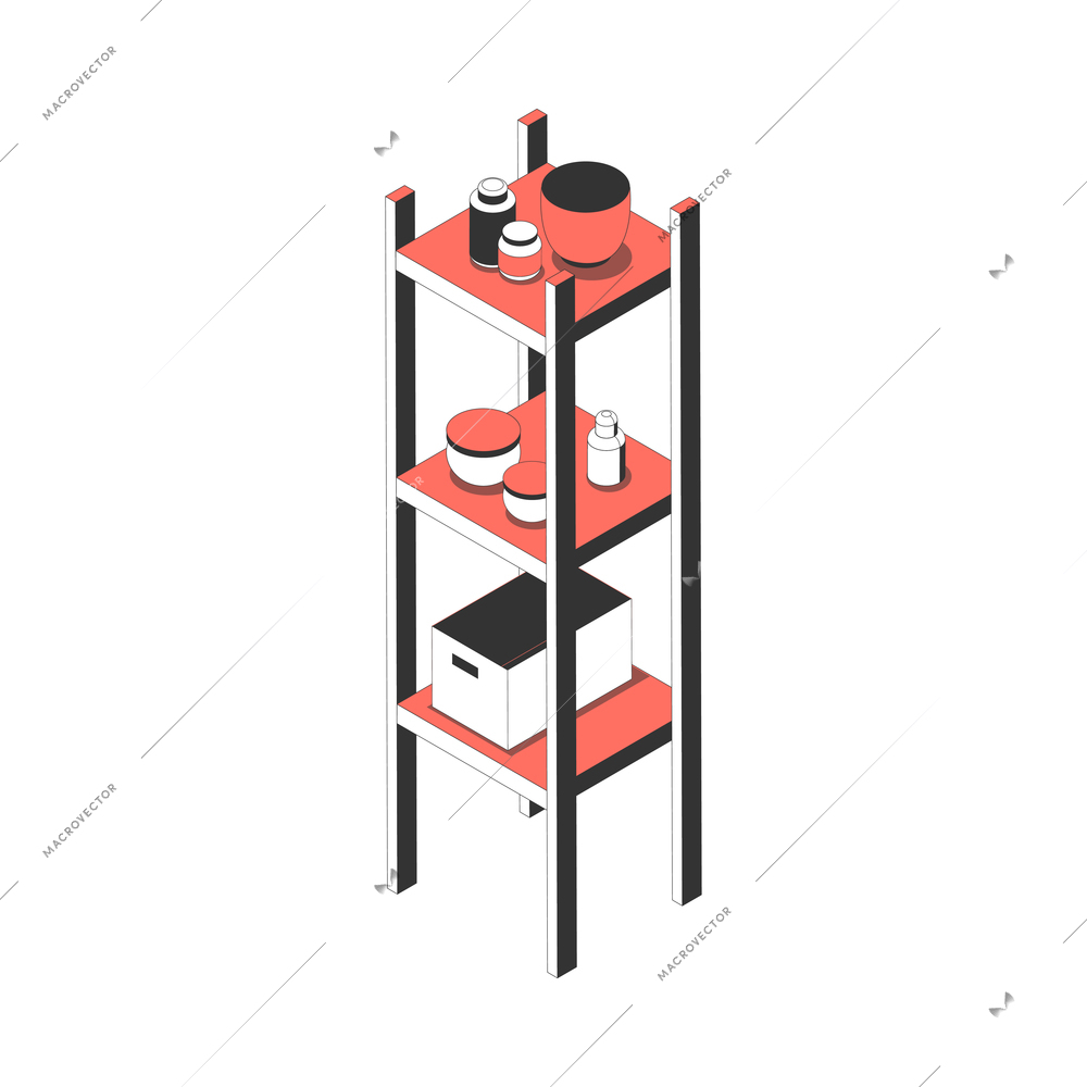 Modern rack for bathroom interior with cosmetic products and box on shelves isometric icon vector illustration