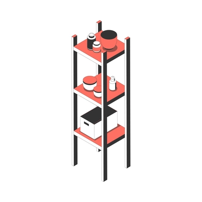 Modern rack for bathroom interior with cosmetic products and box on shelves isometric icon vector illustration