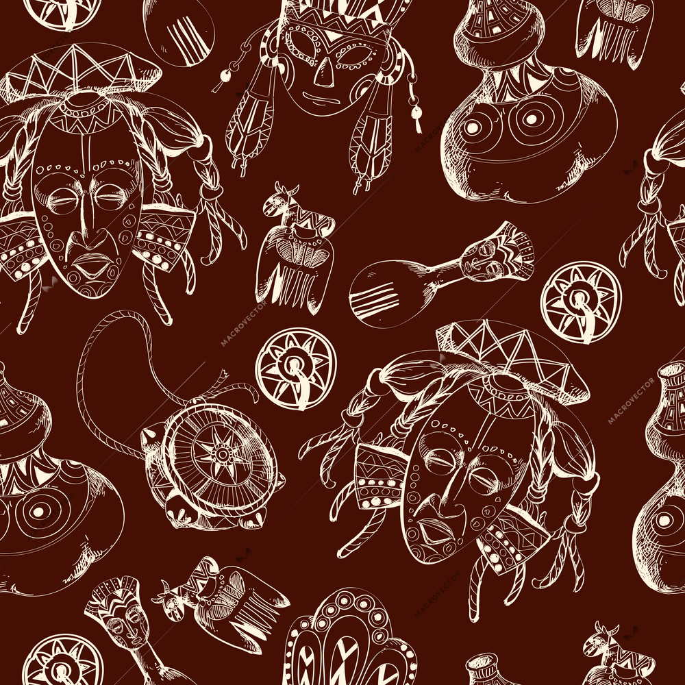 Africa safari ethnic tribe culture travel sketch seamless pattern on dark background vector illustration