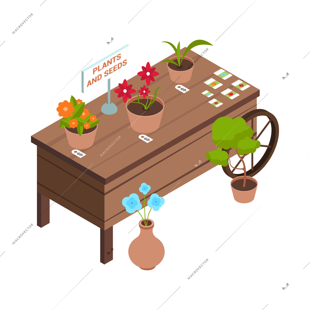 Isometric flea market stall with house potted plants flowers and seeds on wooden table icon 3d vector illustration