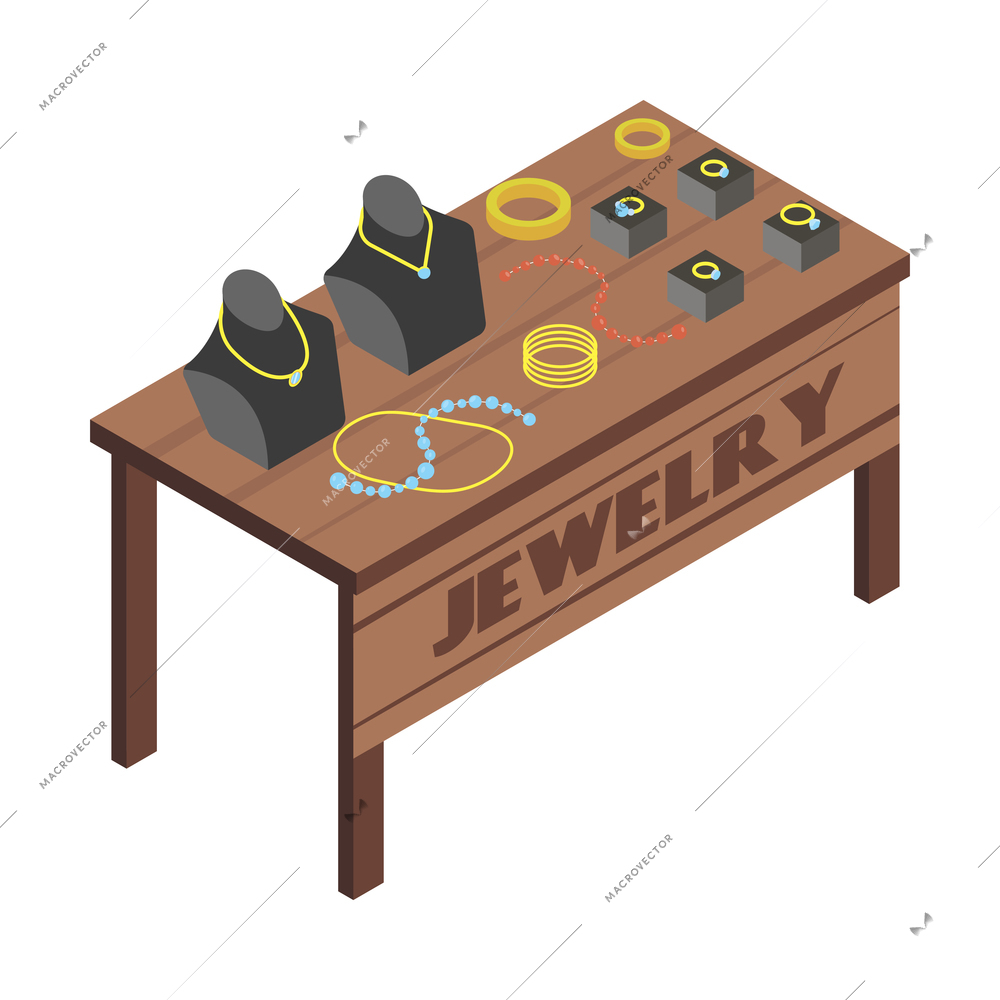 Isometric flea market icon with various jewelry on wooden table 3d vector illustration