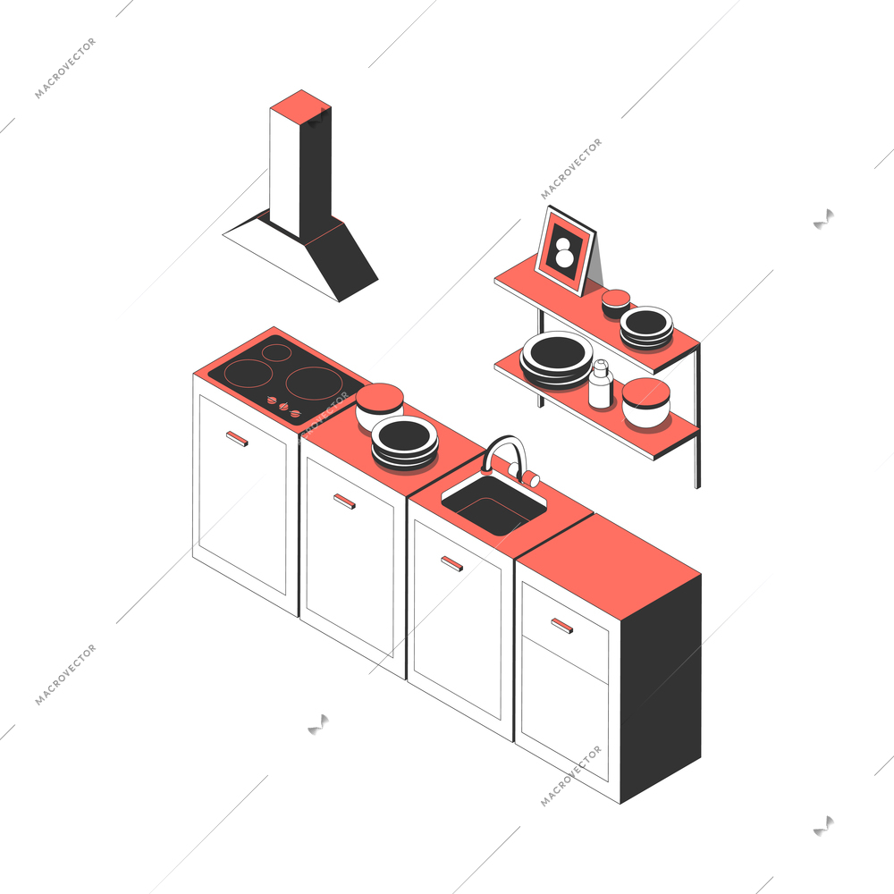 Kitchen interior with 3d cupboards cooker sink shelves hood isometric icon vector illustration