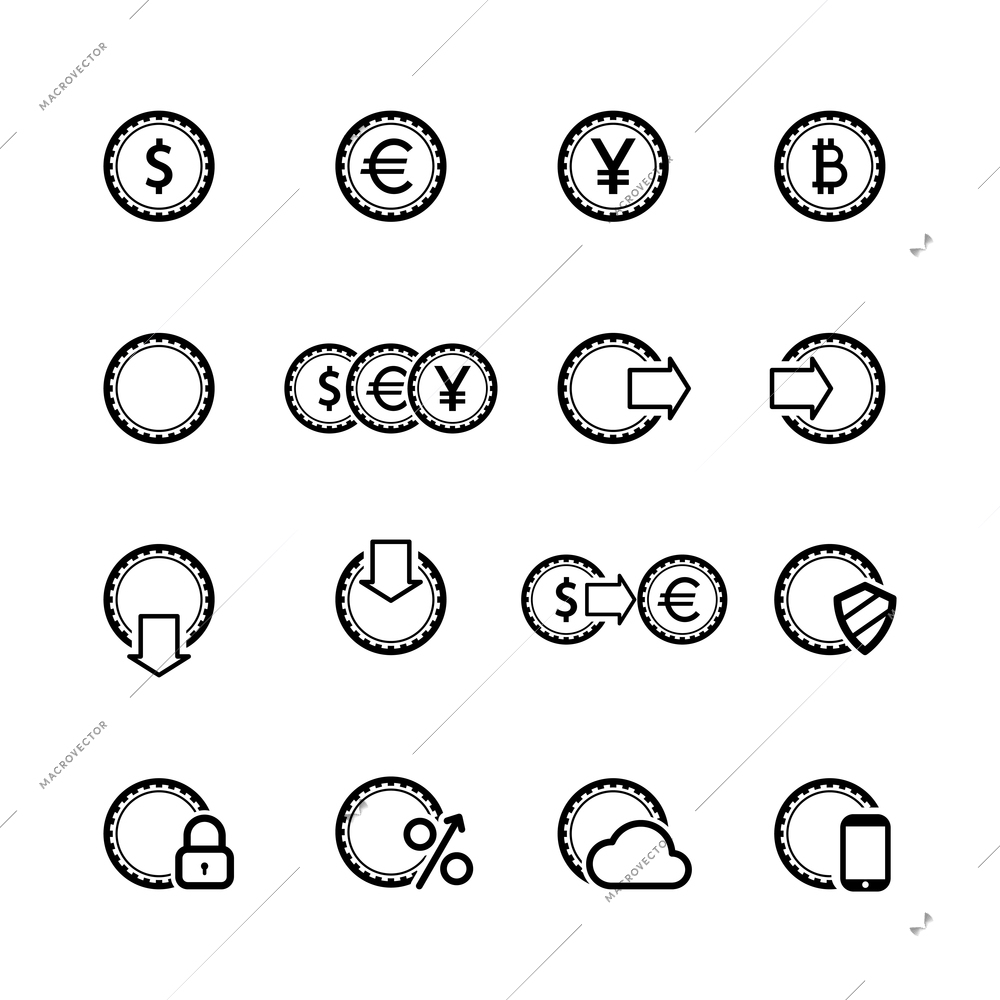 Cash icons set, contour flat isolated vector illustration