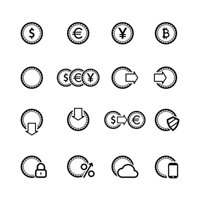 Cash icons set, contour flat isolated vector illustration