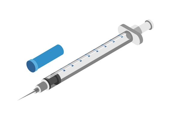 Isometric icon with medical syringe and blue cap 3d isolated vector illustration