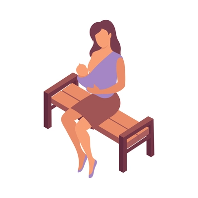 Woman sitting on bench and breastfeeding baby isometric icon vector illustration