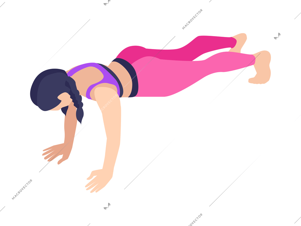 Woman performing plank yoga position isometric icon on white background vector illustration