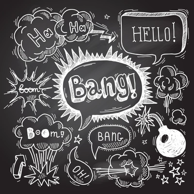 Comic speech bubble chalkboard design element symbol boom bang bomb vector illustration