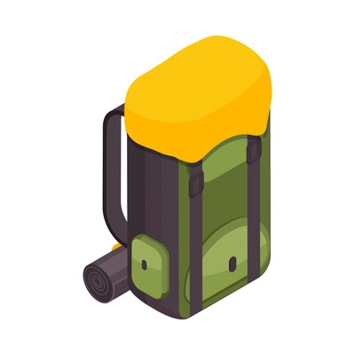 Green and yellow camping backpack with sleeping bag isometric icon 3d vector illustration