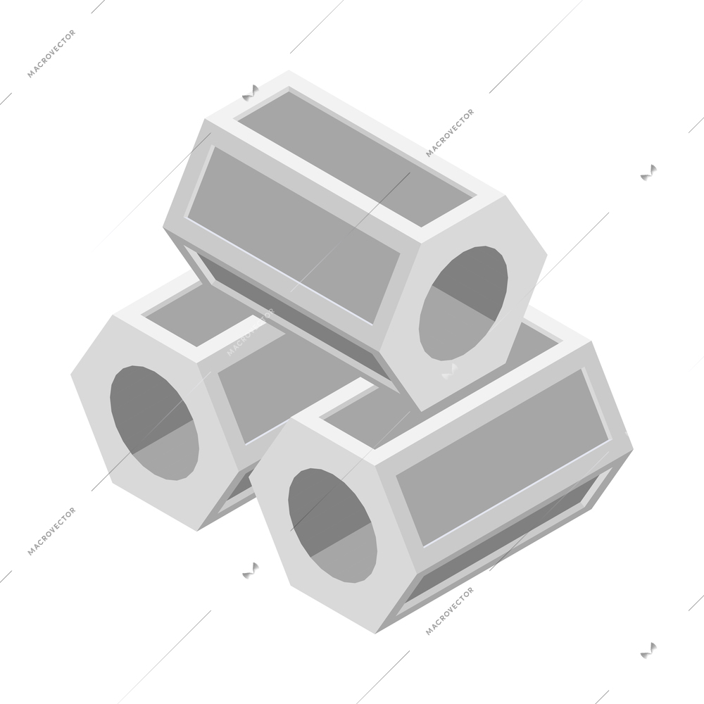 Concrete cement production isometric icon with stacked reinforced pipes 3d vector illustration