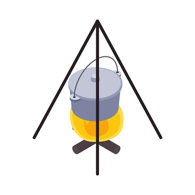 Isometric icon with camping pan over bonfire 3d vector illustration