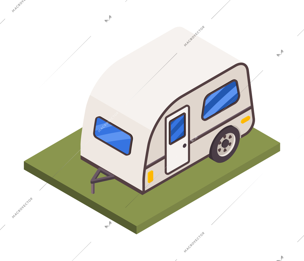 White camping trailer on green grass isometric icon 3d vector illustration