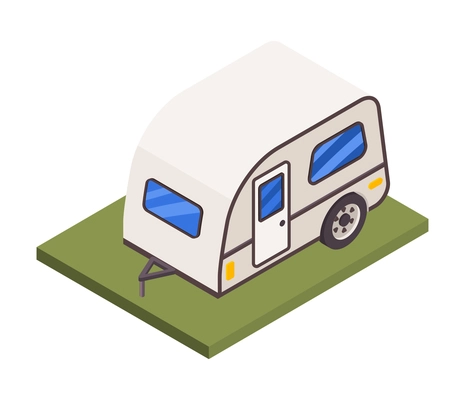 White camping trailer on green grass isometric icon 3d vector illustration