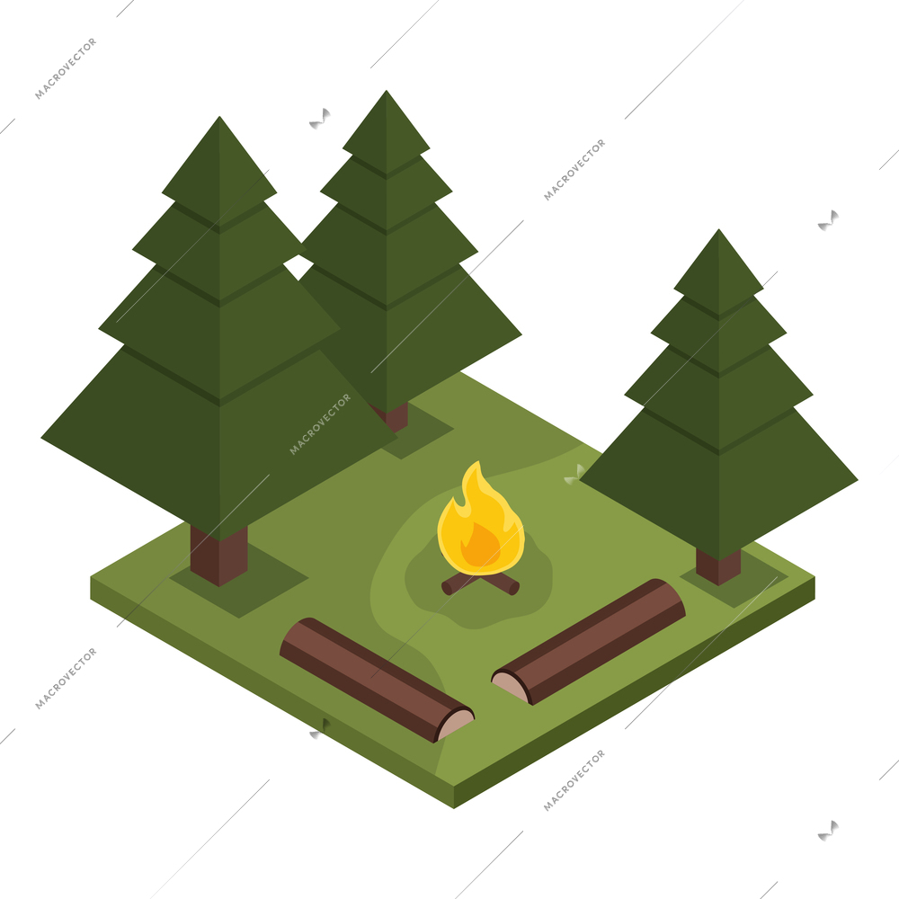Camping campsite picnic isometric icon with bonfire logs in forest 3d vector illustration