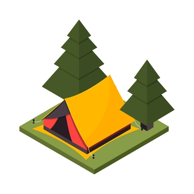 Camping hiking isometric icon with yellow tent in forest 3d vector illustration