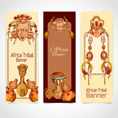 Africa tribal sketch colored vertical banner set with mask drum vase isolated vector illustration