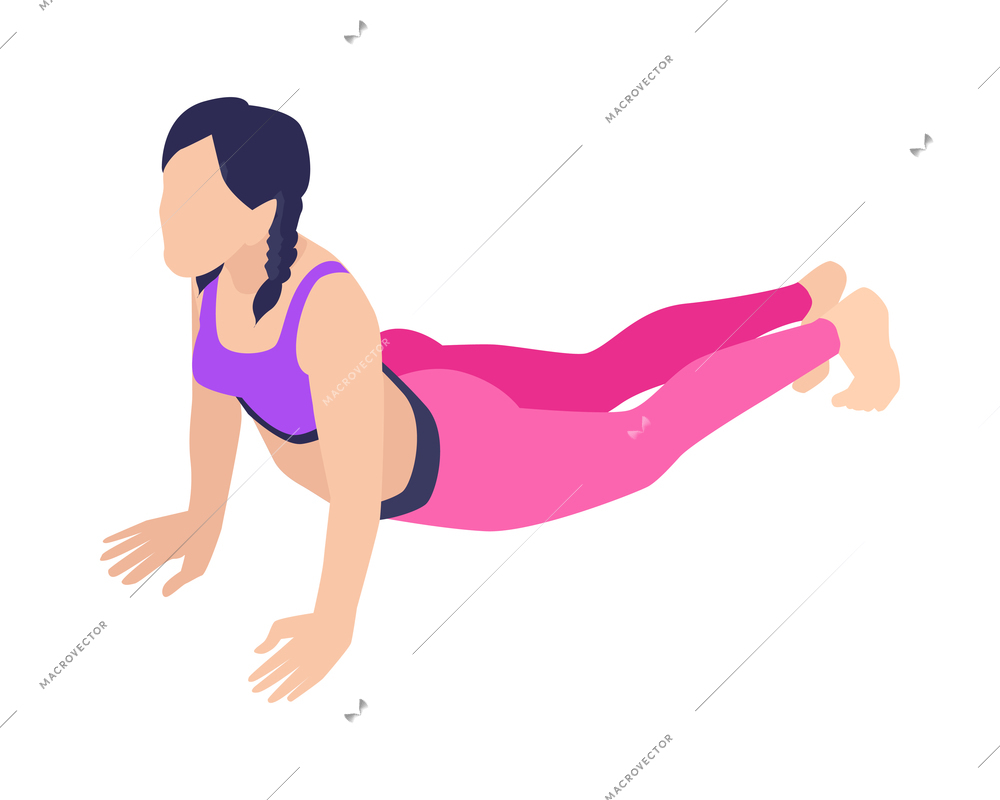 Woman wearing sportswear practicing cobra yoga pose isometric icon vector illustration