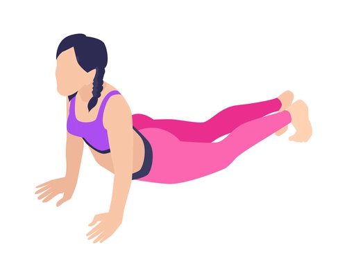 Woman wearing sportswear practicing cobra yoga pose isometric icon vector illustration