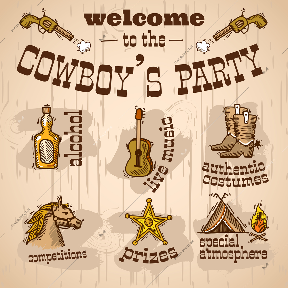 Wild west cowboy hand drawn party set with alcohol live music authentic costume vector illustration