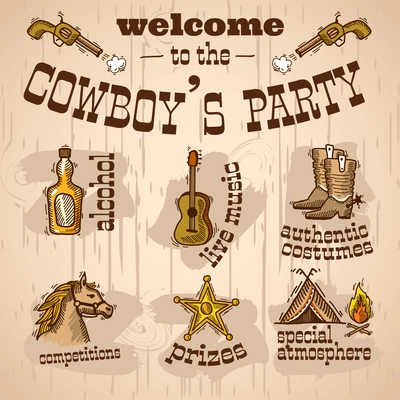 Wild west cowboy hand drawn party set with alcohol live music authentic costume vector illustration