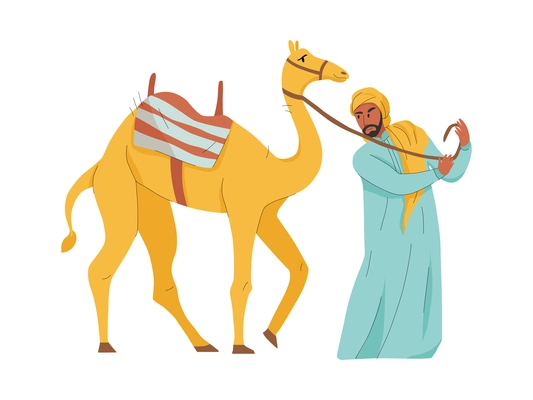 Arab people icon with man in traditional clothes standing with camel flat vector illustration