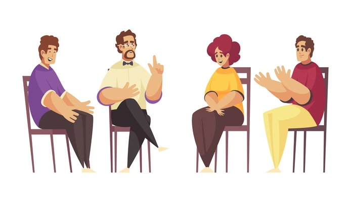 Happy people during group psychological therapy session with male psychologist cartoon isolated vector illustration