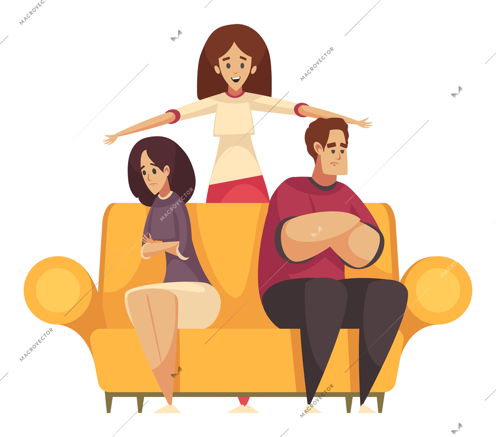 Female psychologist having conversation with wife and husband during psychological therapy session cartoon vector illustration