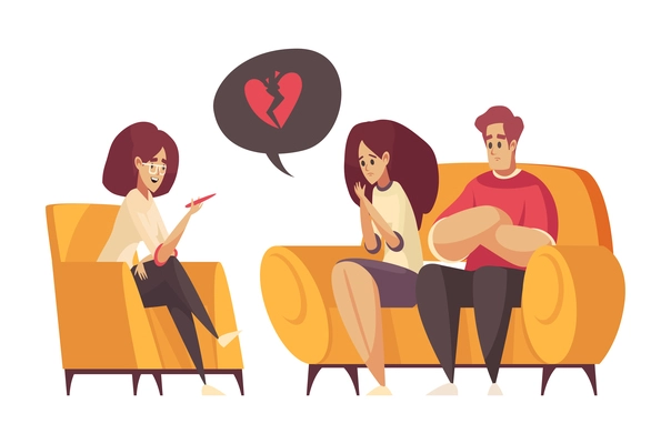 Wife and husband having psychological therapy session with psychologist cartoon isolated vector illustration