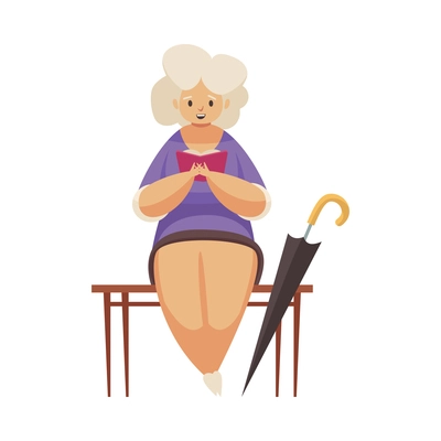 Happy elderly woman reading book on bench in city park flat vector illustration