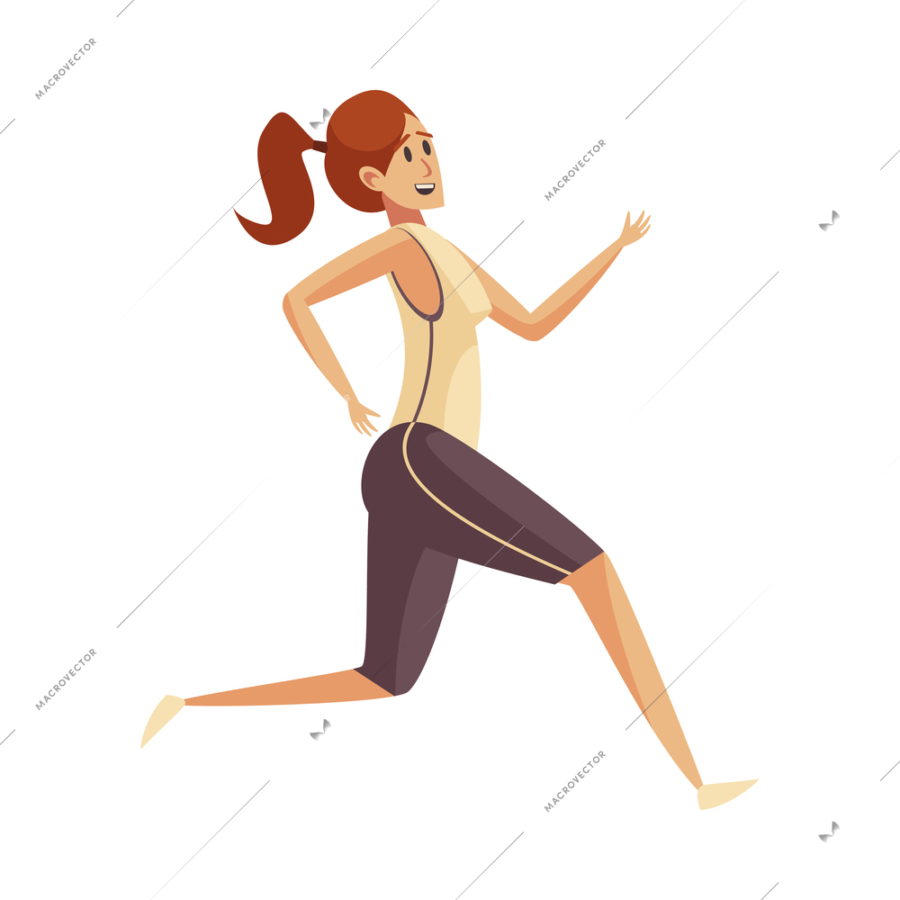 Smiling slim woman in sportswear jogging flat vector illustration