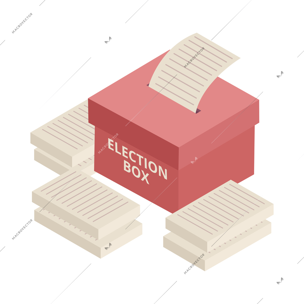 Election box and piles of ballots icon in isometric style 3d vector illustration