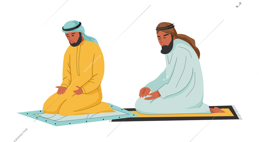 Two arab people praying flat vector illustration