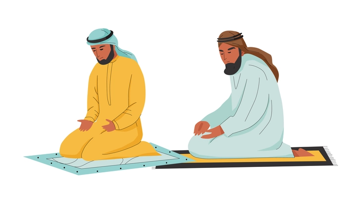 Two arab people praying flat vector illustration