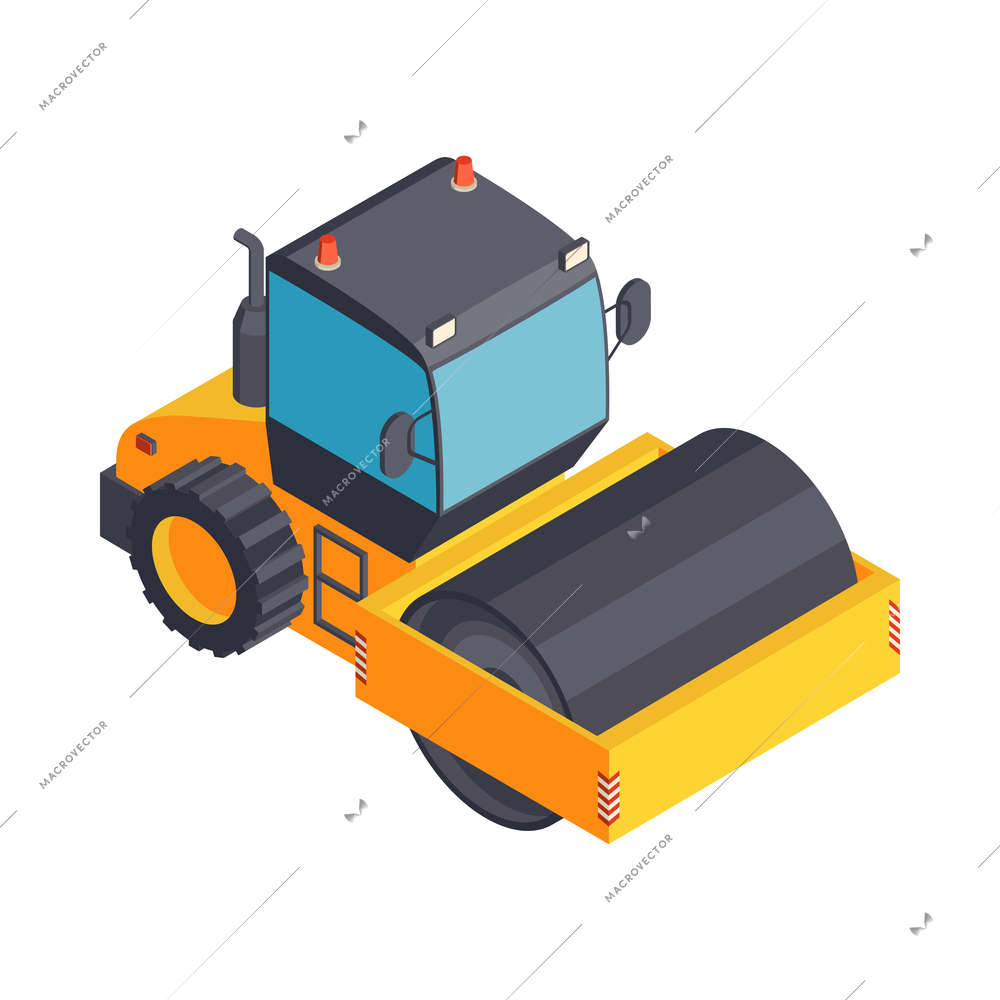 Isometric modern yellow road roller on white background vector illustration