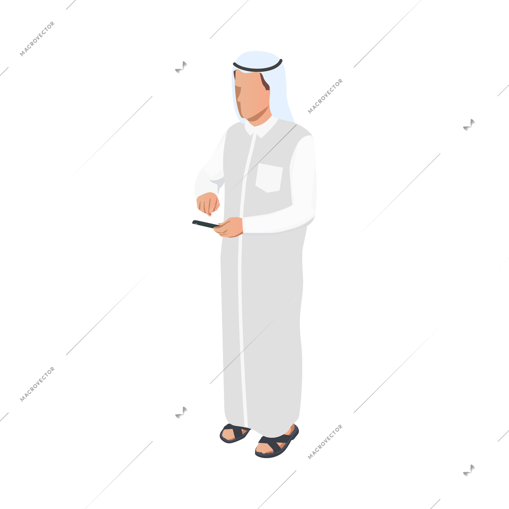 Isometric character of arab man wearing traditional clothes with smartphone 3d vector illustration