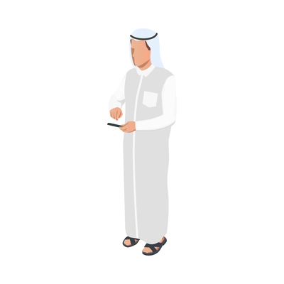 Isometric character of arab man wearing traditional clothes with smartphone 3d vector illustration