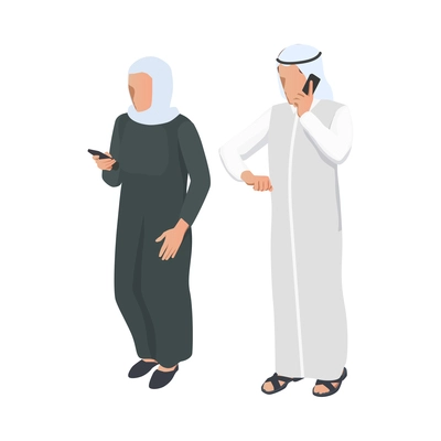 Arab people man and woman in traditional clothes going talking on phone 3d isometric isolated vector illustration