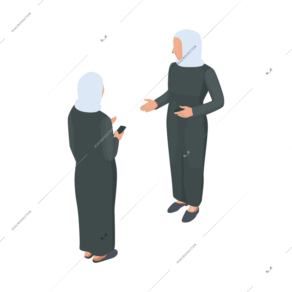 Two arab women communicating isometric isolated 3d vector illustration