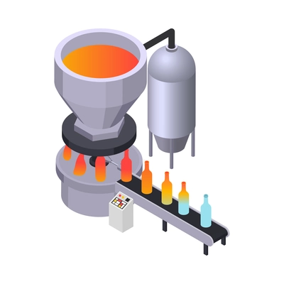 Glass production icon with bottles on conveyor line isometric vector illustration