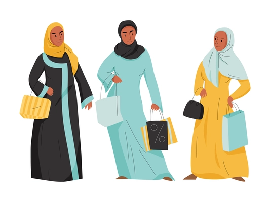 Arab women wearing hijab standing with purses and shopping bags flat isolated vector illustration