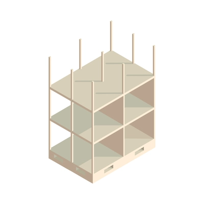 Isometric construction icon with unfinished concrete building frame on white background 3d vector illustration