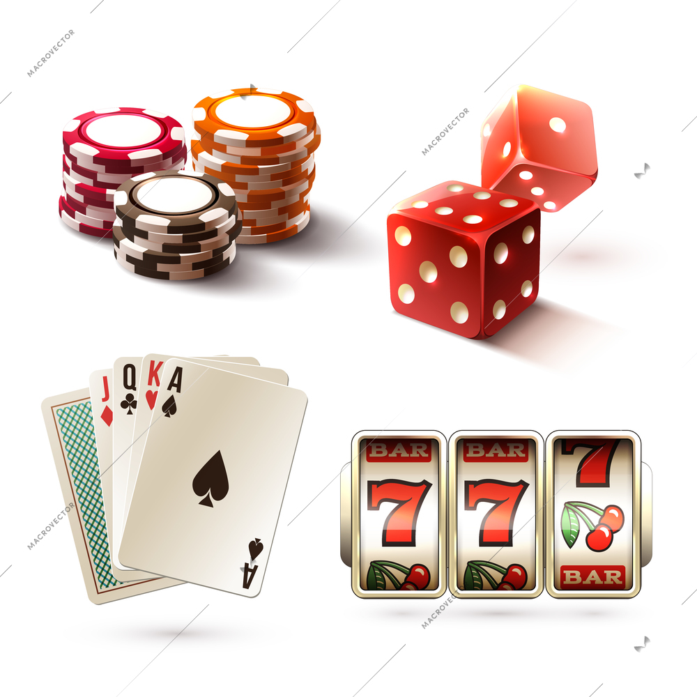 Casino design elements with gambling poker play realistic icons set isolated vector illustration